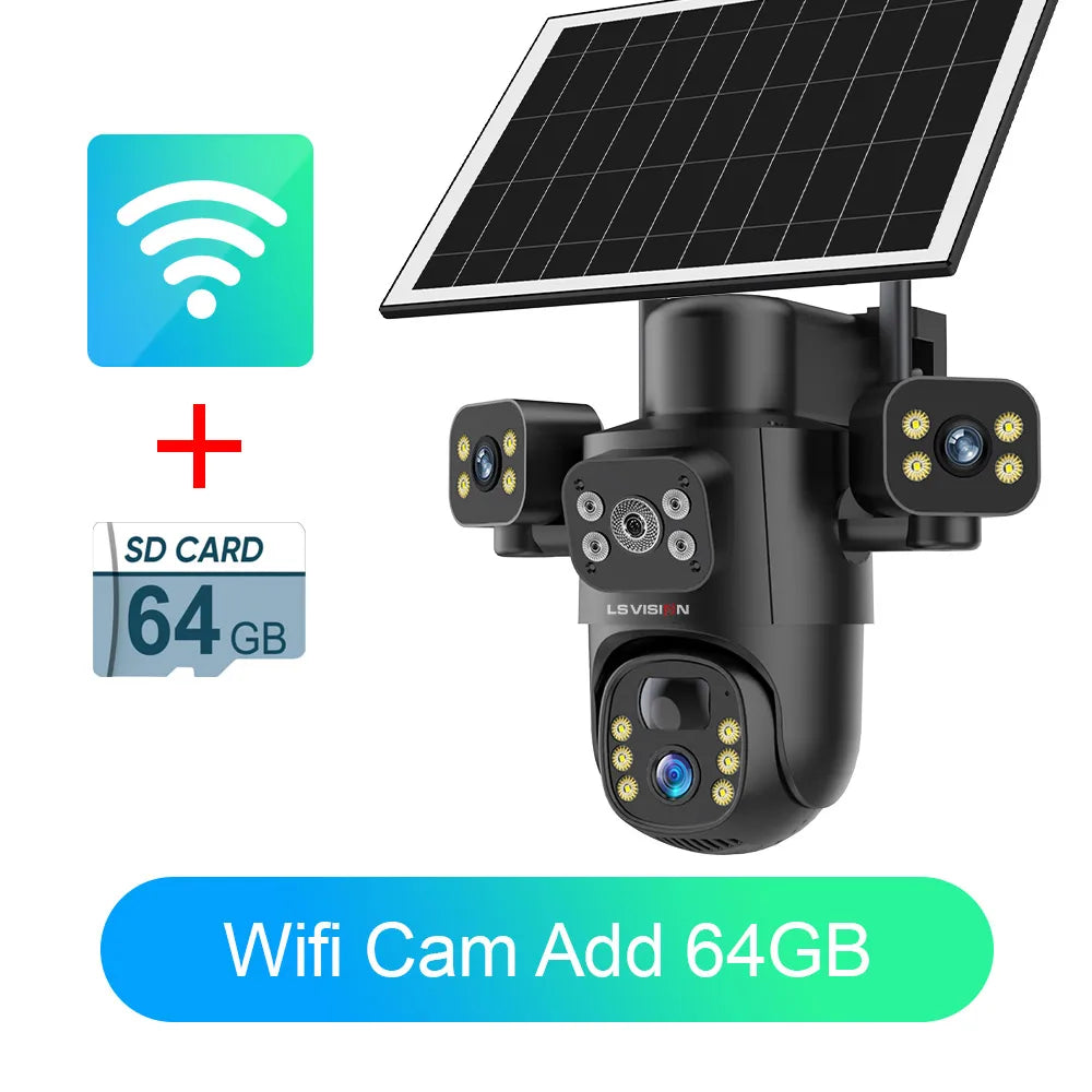 WiFi solar security camera with three lenses and solar panel, shown with SD 64GB add-on.