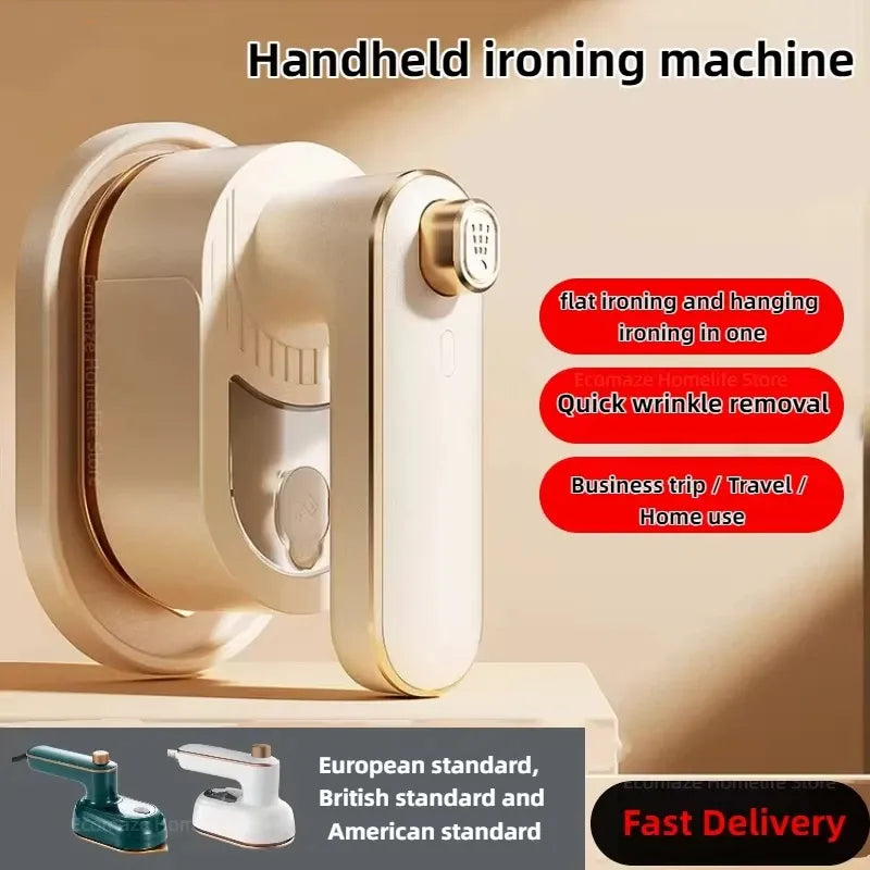 Handheld ironing machine in cream with gold trim, for quick wrinkle removal during travel or home use.