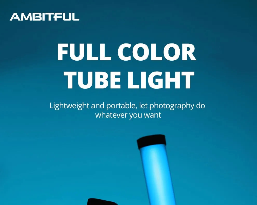 Portable LED tube light with black end caps, glowing blue, used for professional photography lighting.