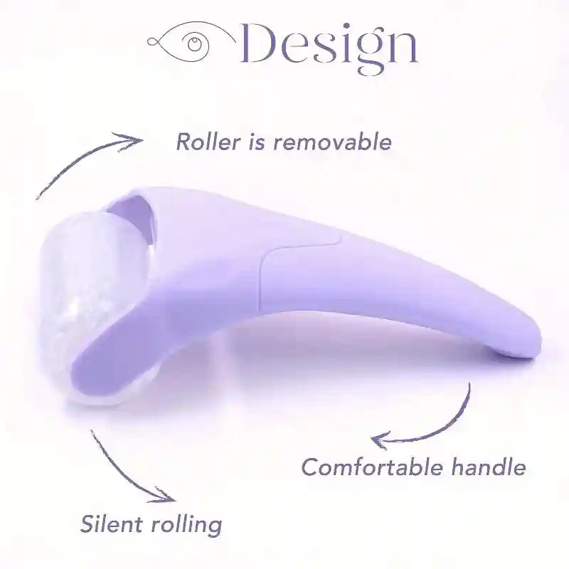 A lavender facial ice roller with a removable clear barrel and ergonomic handheld design on a white background.