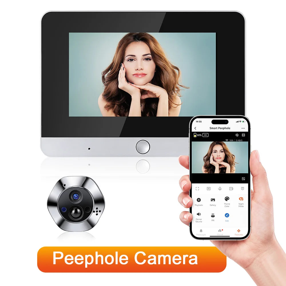 Video doorbell peephole camera kit with indoor monitor and smartphone app control
