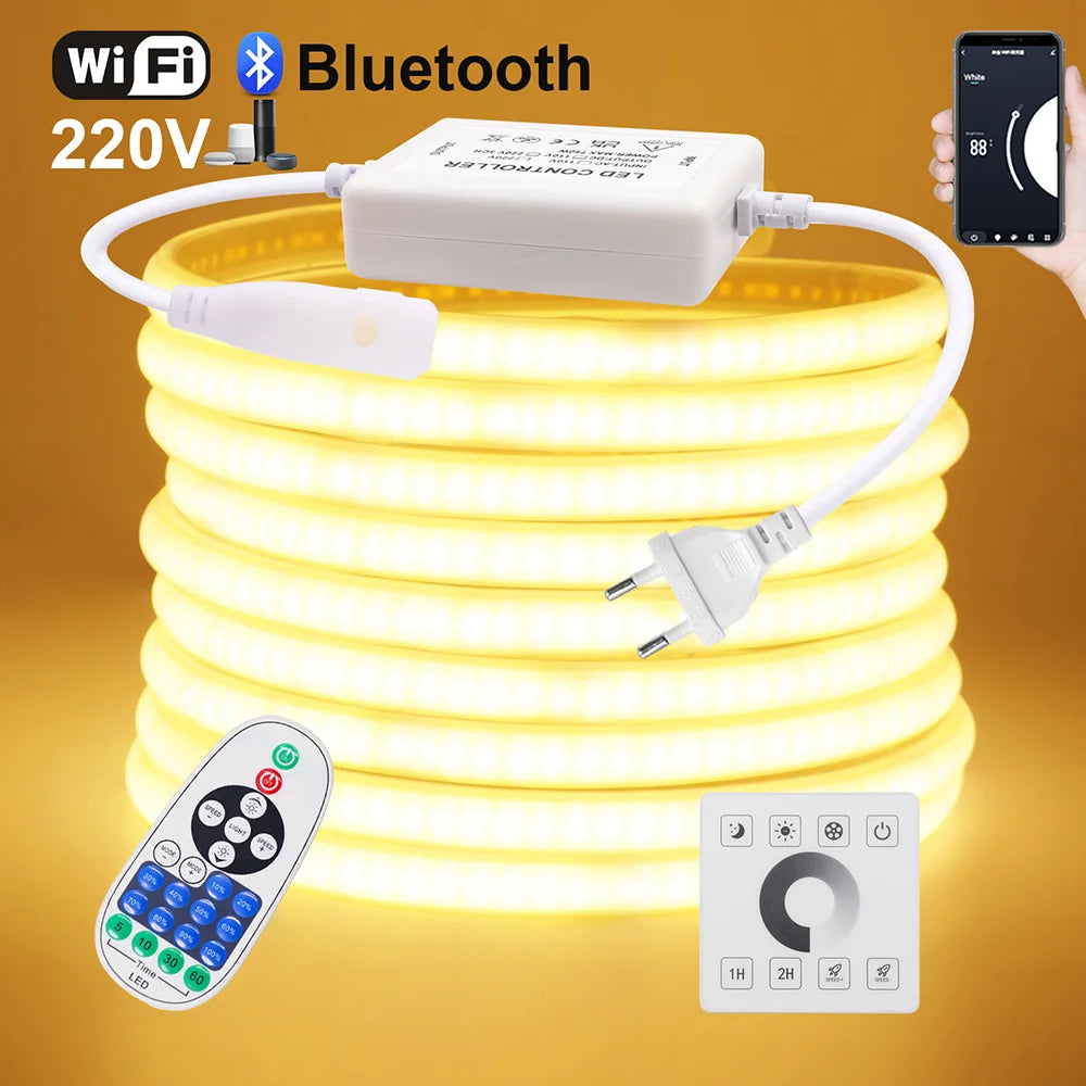 Wall Touch COB LED Neon Strip Light Wifi Bluetooth 23key Remote Control 220V Dimmer Power Kit 5m 10m 20m 40m 0.5m 240LED/m Flex