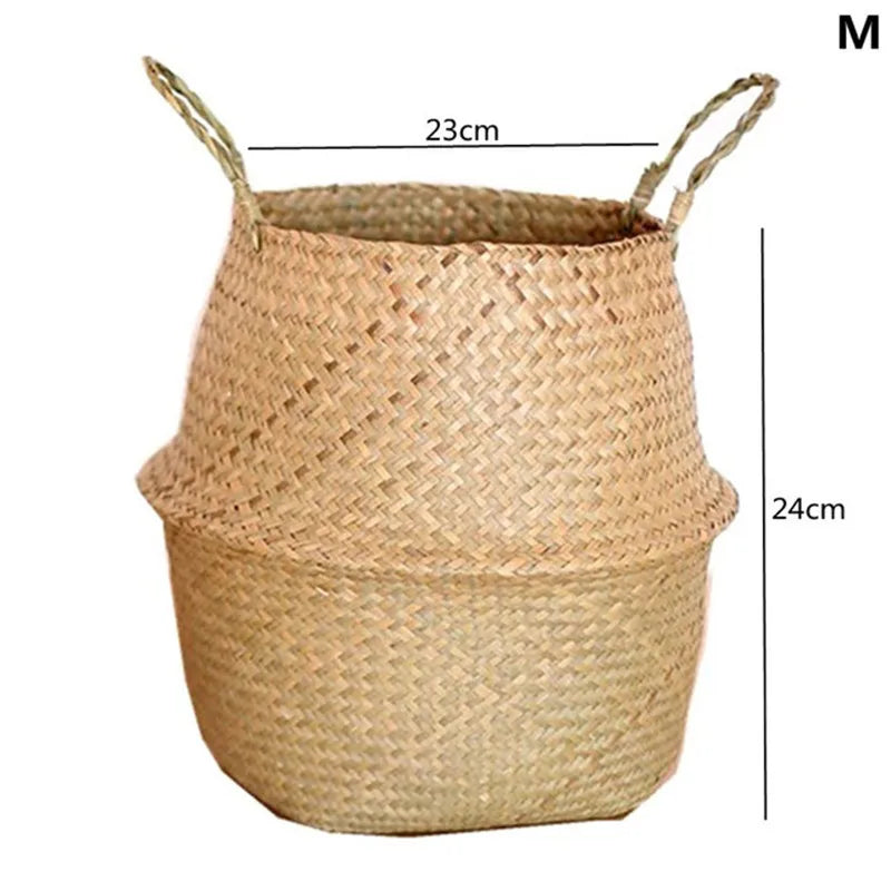 Natural straw woven planter basket with carrying handles, open top