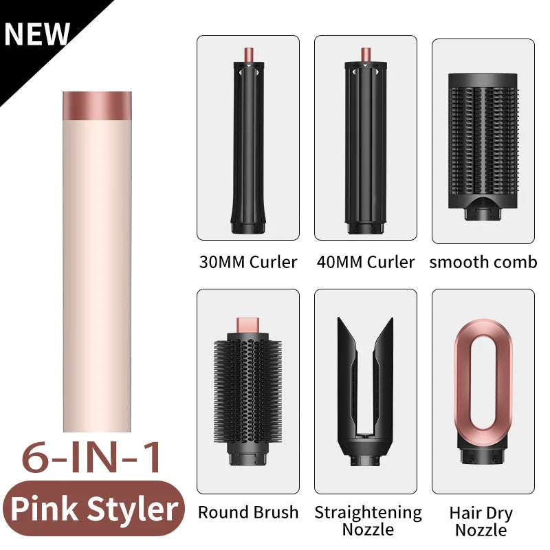 SenCiciMen 6-in-1 pink hair styler set with blow dryer brush, curling barrels, and styling nozzles for professional hair.