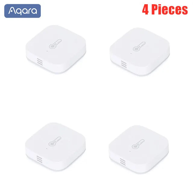 Four square, matte white Aqara temperature and humidity sensors with thermometer icons, arranged on a white background.