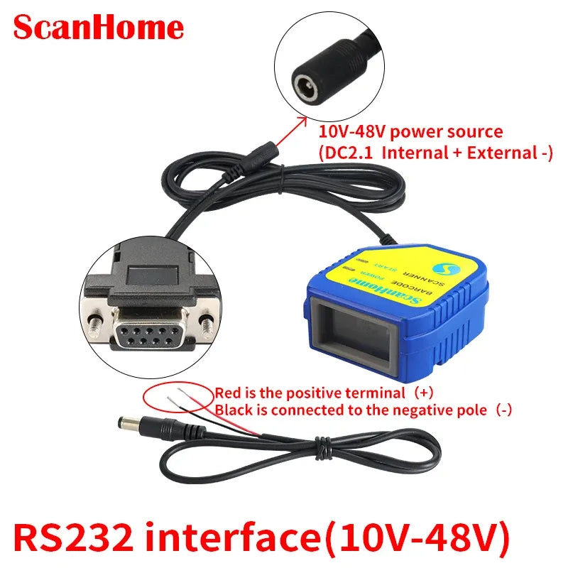 Blue barcode scanner module with RS232 10-48V power barrel cable and scanning window