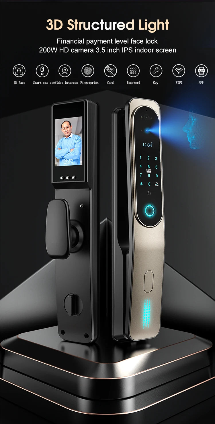 Electric  3D Face Recognition Smart Doorlock Fingerprint Biometric Password Full Automatic Wifi Door Lock with Camera
