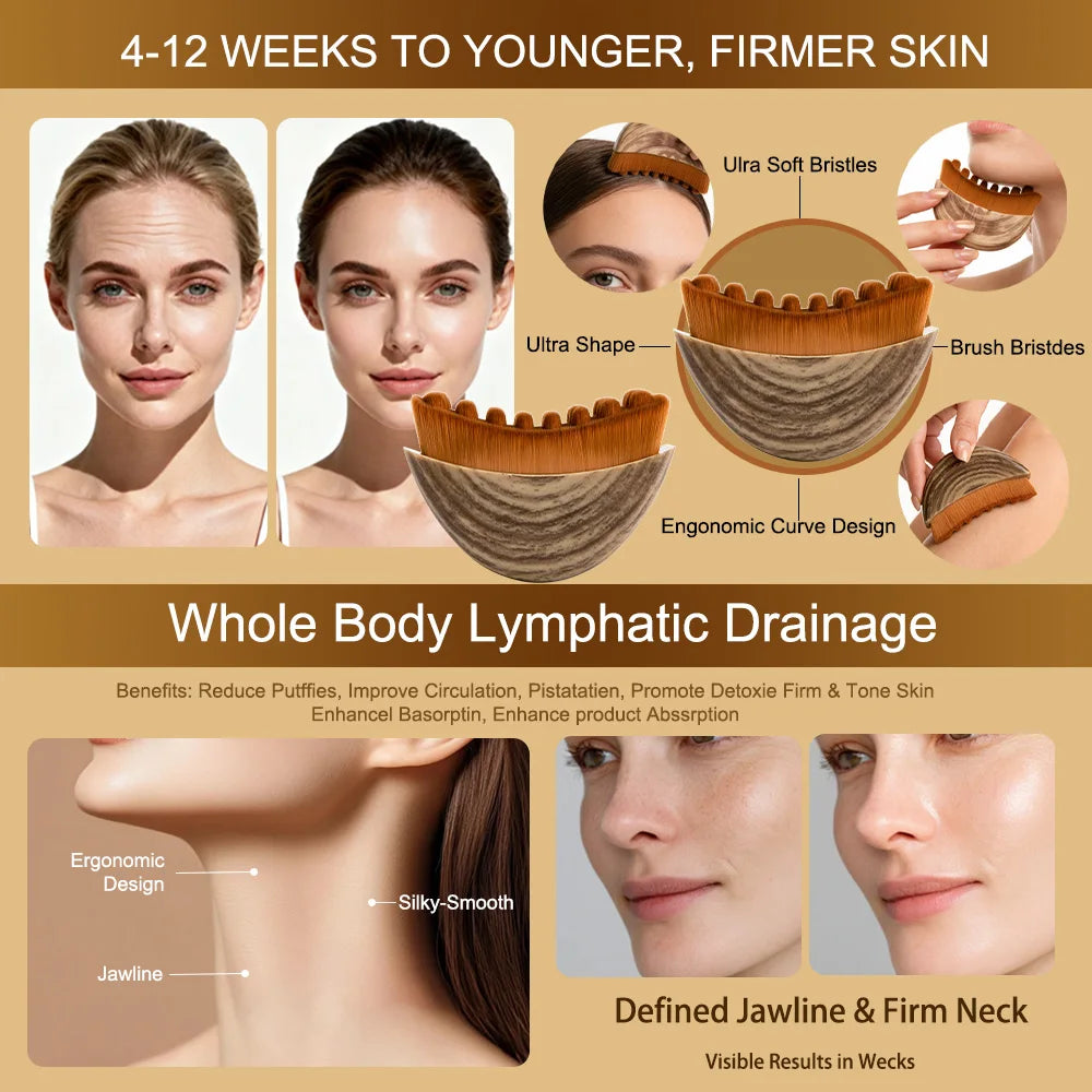 Curved wooden-finish lymphatic massage brush with soft brown bristles, shown in use on the face, chin, and neck.
