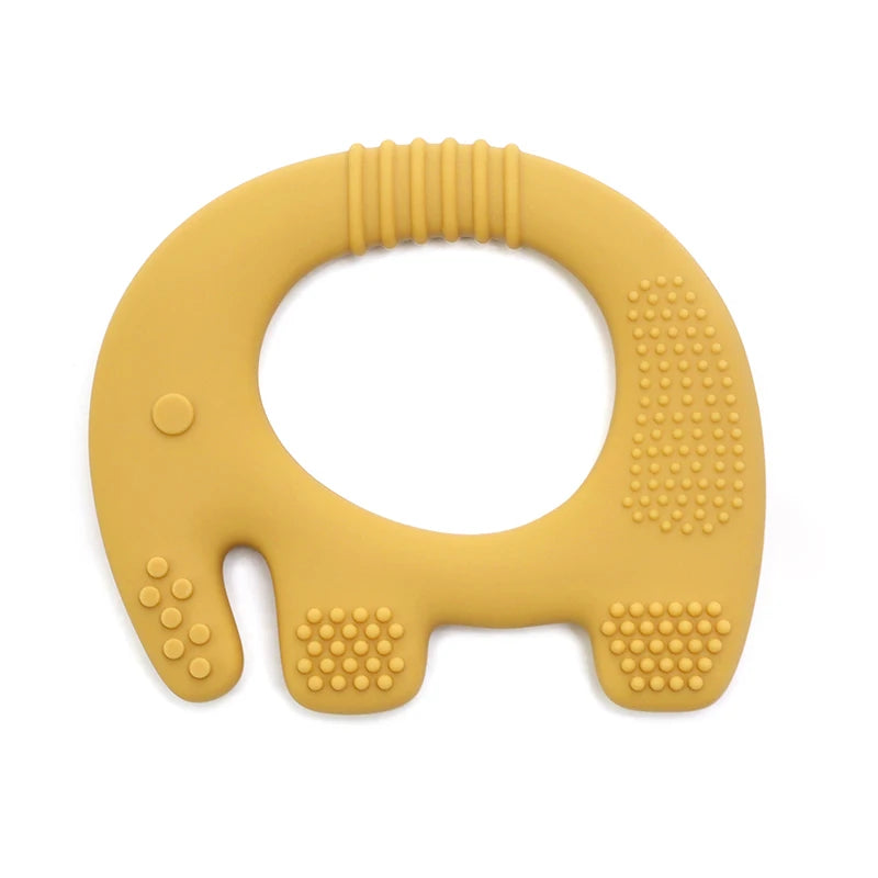 Mustard yellow elephant silicone baby teething ring for soothing sore gums.
