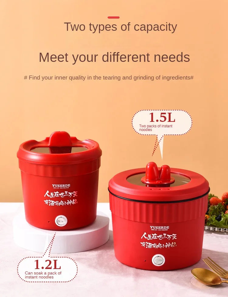Red electric mini hot pots showing 1.2L and 1.5L capacity sizes