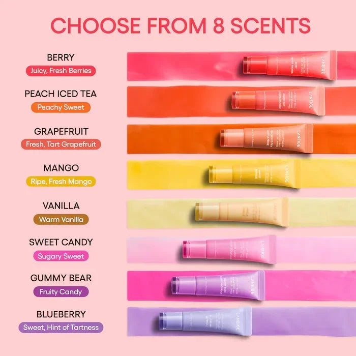 Laneige Lip Glowy Balm set featuring 8 scented, lightweight, hydrating gloss tints in various colorful squeeze tubes.