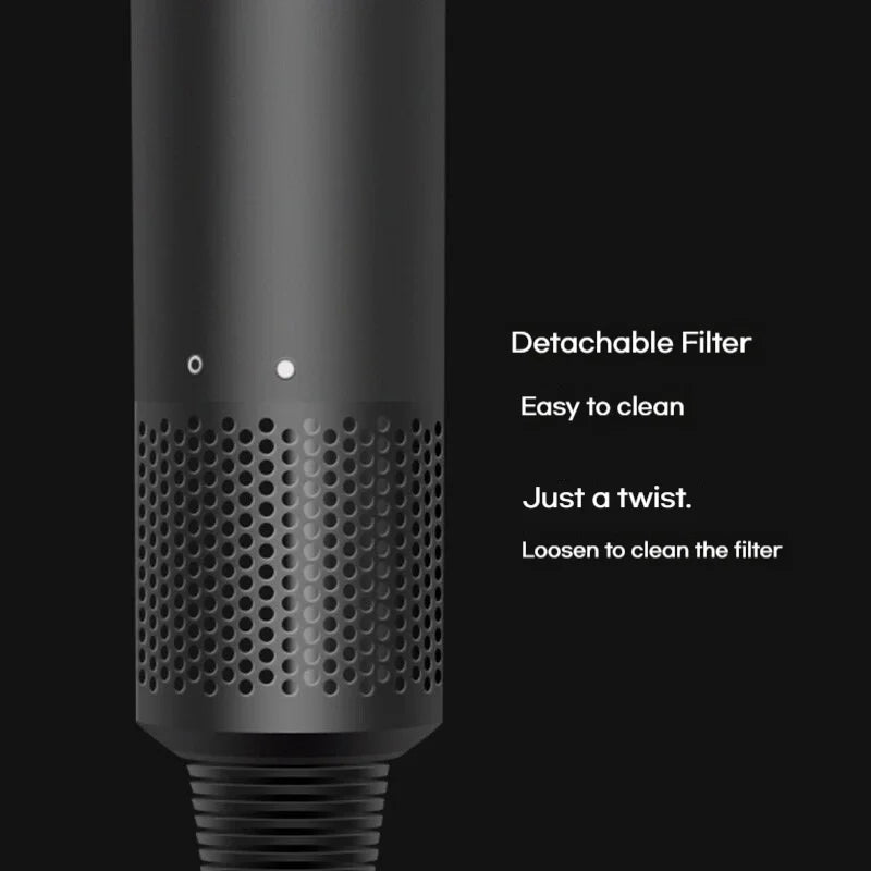 Black high-speed hair dryer with easy-clean, detachable filter for fast drying and negative ion hair care.