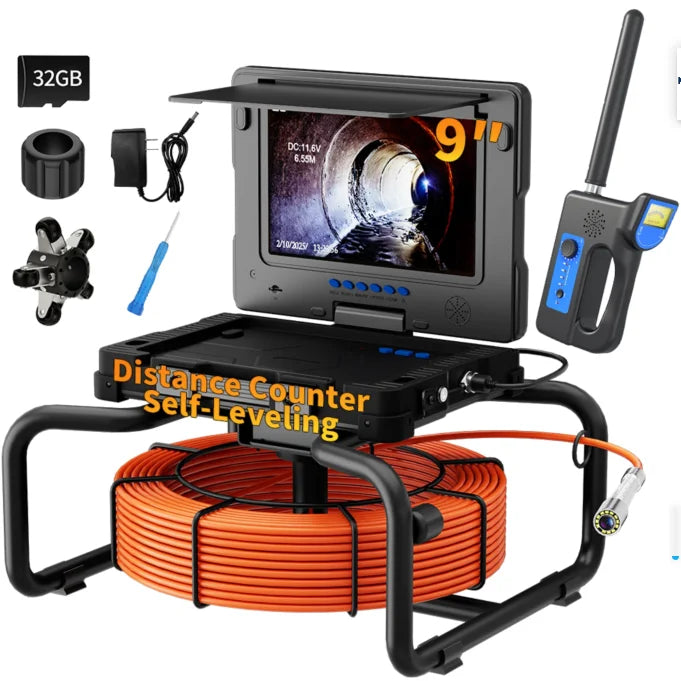 Sewer camera handheld locator unit with 9in monitor, orange cable reel and distance counter