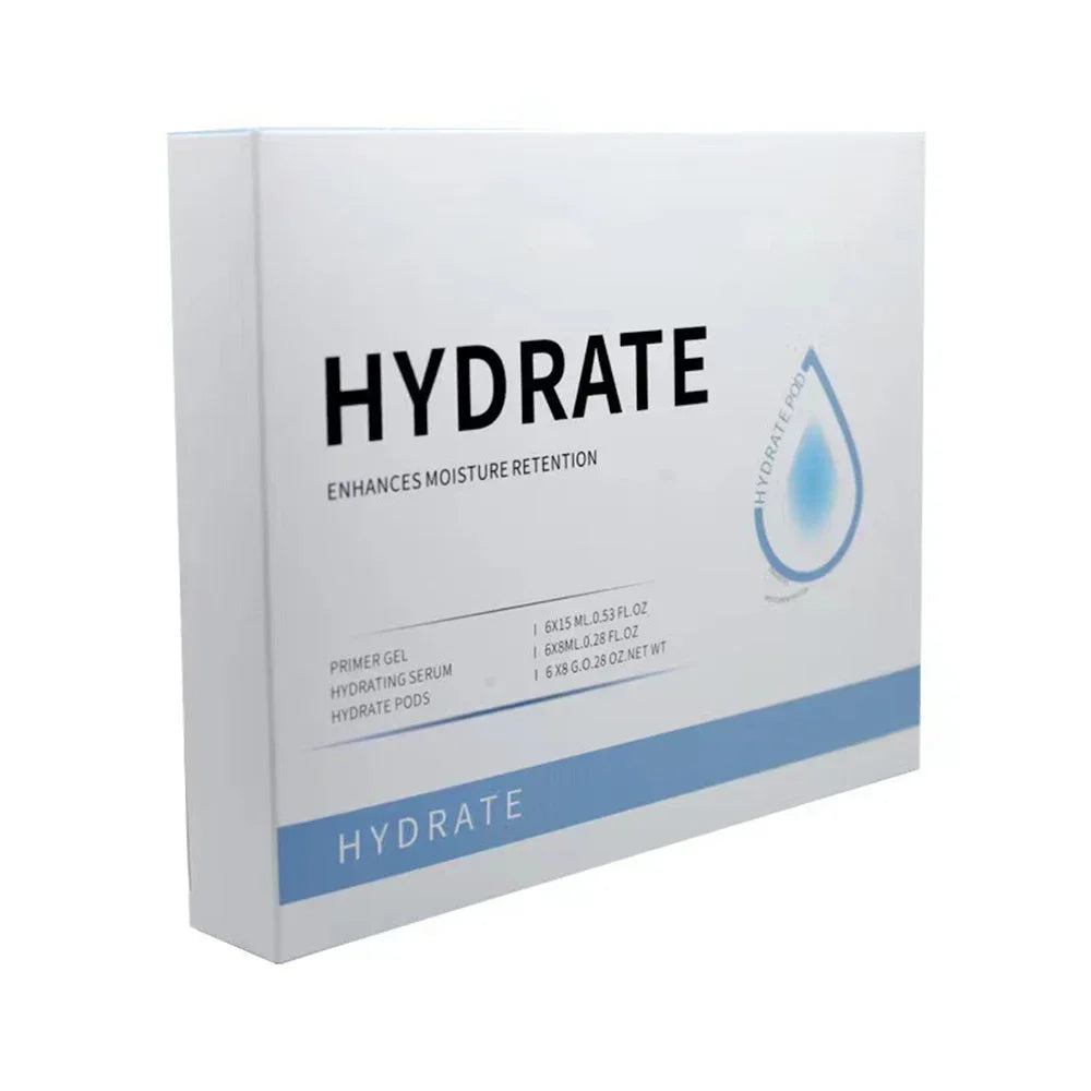 White rectangular box containing skincare primer gel, hydrating serum, and pods for moisture retention.