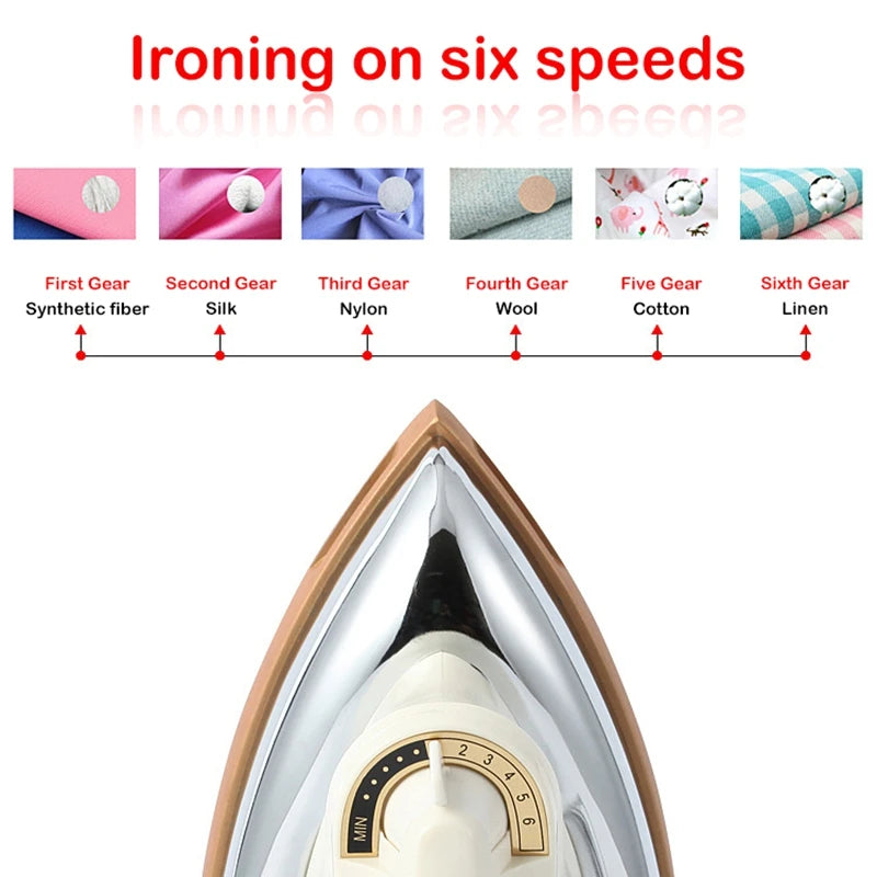 Tidesmit 1KW electric iron showing 6 heat settings and hot drilling nozzle for wood furniture and clothing ironing