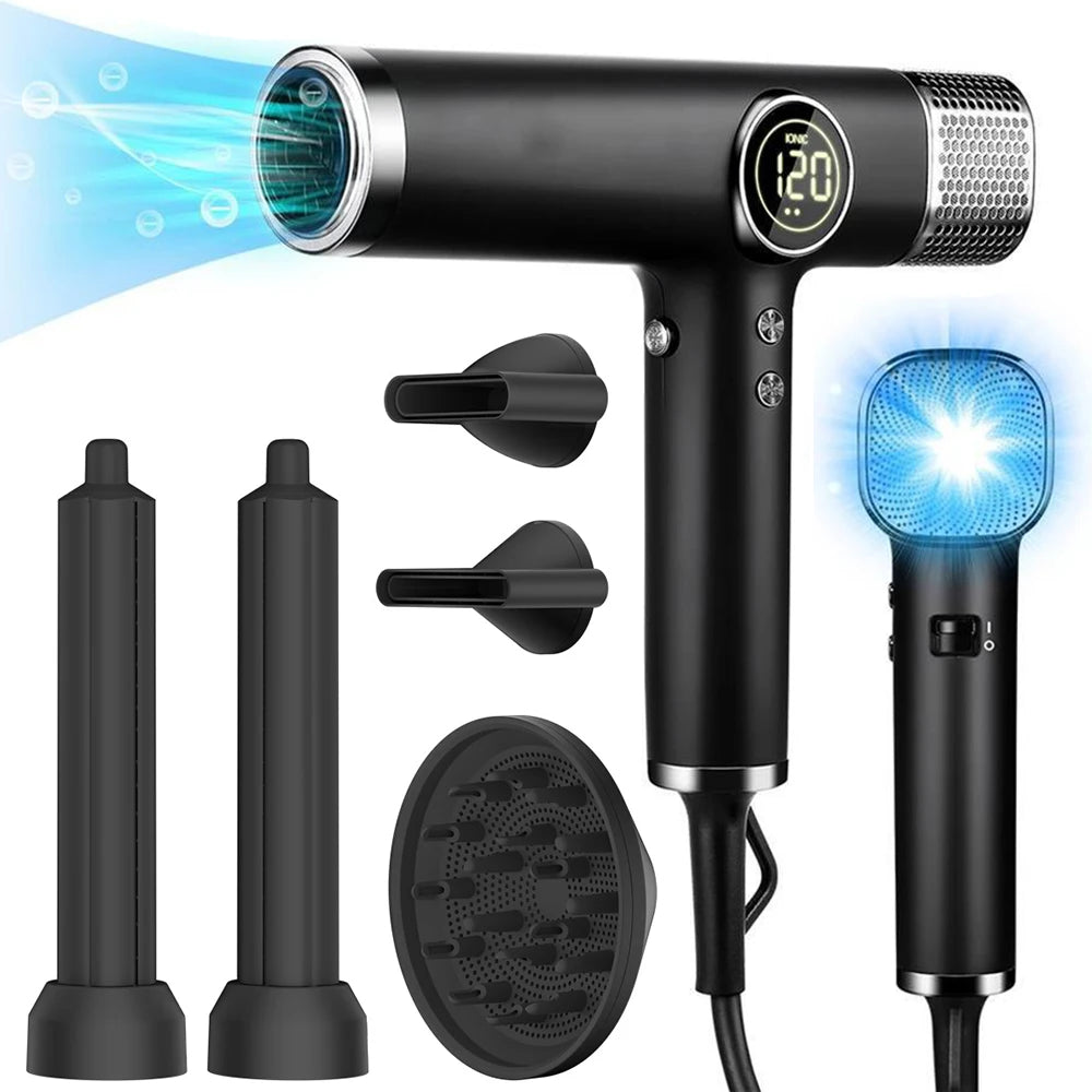 Black 5-in-1 ionic professional hair dryer with LCD display, nozzle attachments, and diffuser for salon styling.