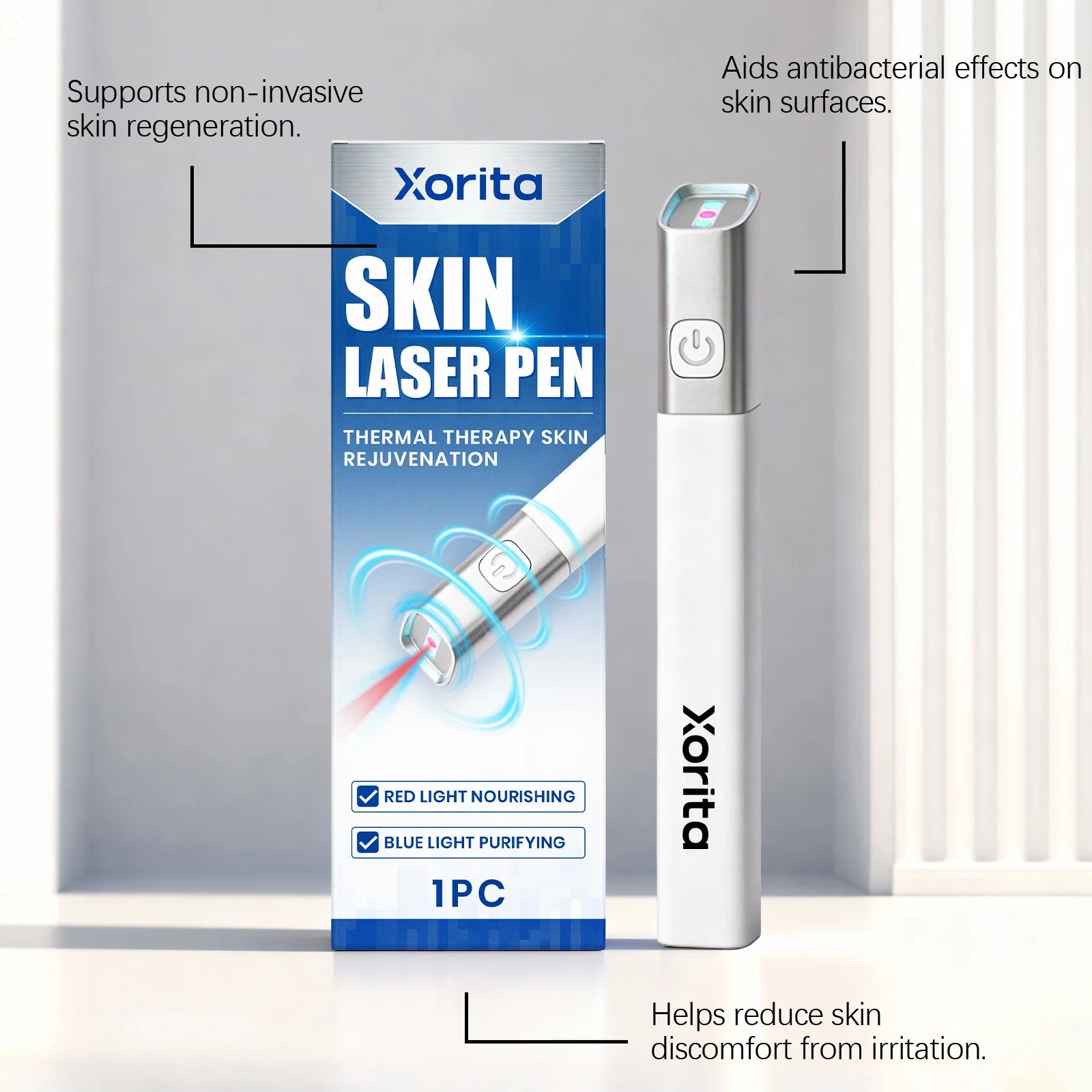 Xorita skin laser pen for removing tags, freckles, and pimples with red and blue light therapy for skin rejuvenation.