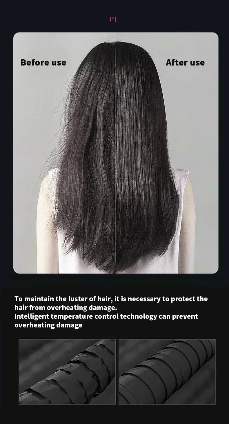 Before and after comparison of hair styled with a professional ionic hair dryer showing heat protection and results.