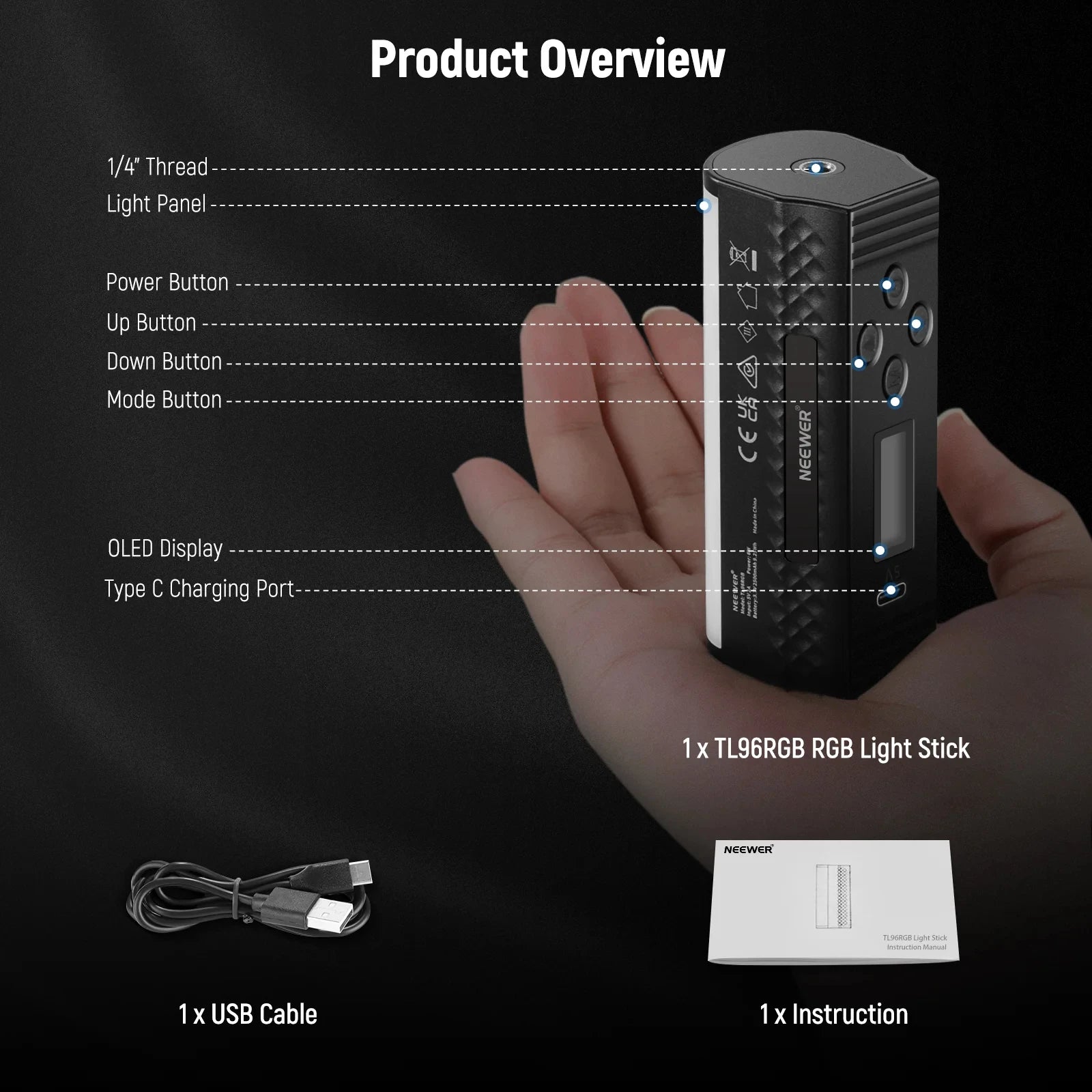 TL96RGB compact black LED light stick with controls, OLED display, tripod thread, USB cable, and manual.