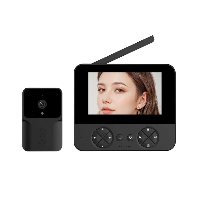 Black visual doorbell camera with indoor monitor screen and circular control buttons