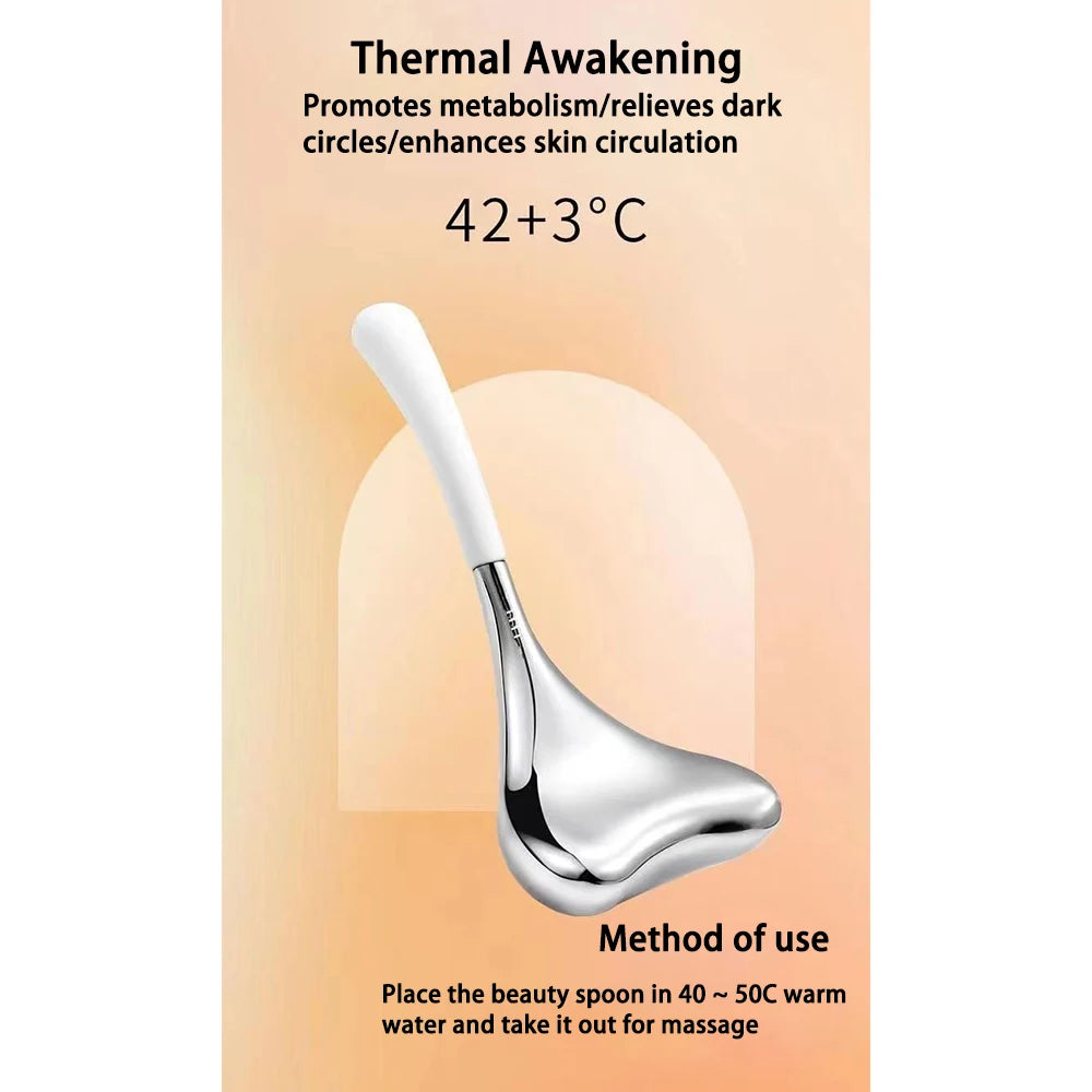 Stainless steel cryo facial massage tool with a white handle, shown on a promotional background with text.