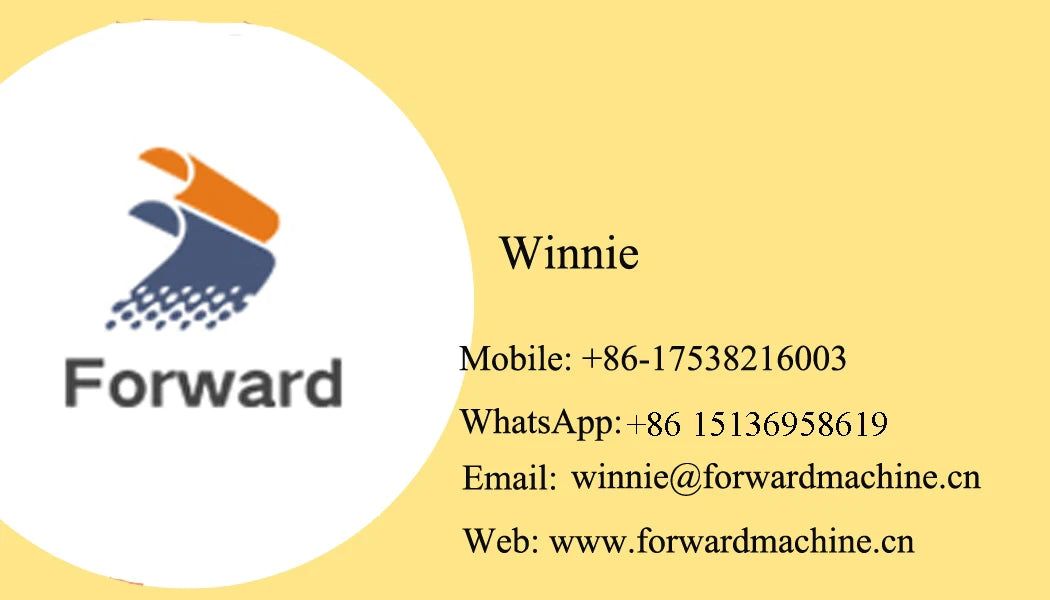 Forward business card with logo, contact details, phone number, and email address for industrial coffee machinery.