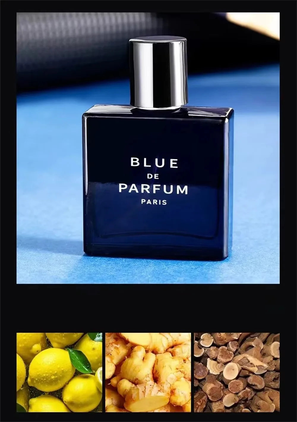 BOOS Blue de Parfum: Men’s square glass cologne bottle with citrus, ginger, and woody notes. Long-lasting luxury scent.