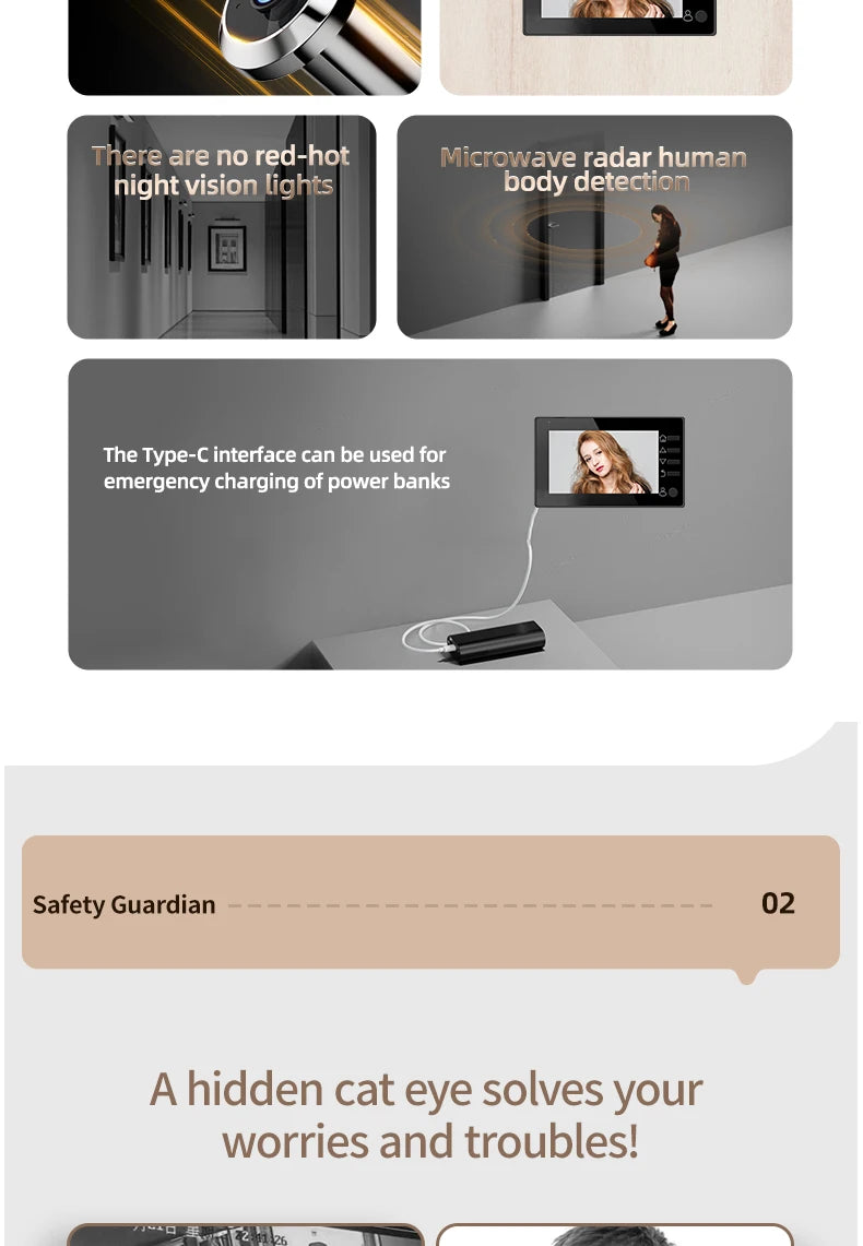 Danmini Visual Doorbell Peephole 4.3'' LCD HD Display Digital Door Viewer 1 Million Pixel 120° Camera Security Cat Eye Door Bell