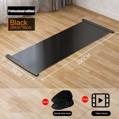 Multifunctional yoga sliding mat for hockey fitness training, 180cm black smart yoga mat, side angle view.