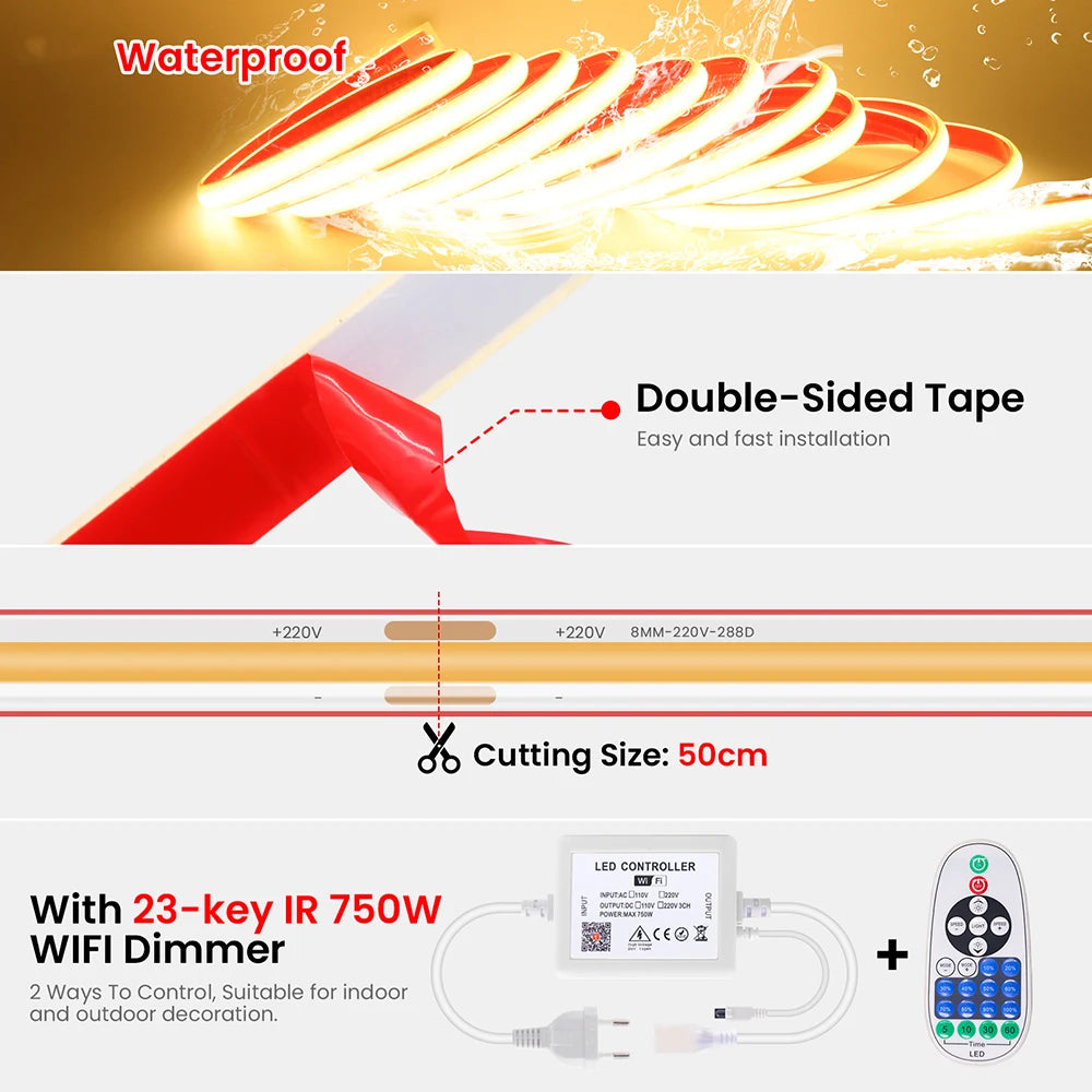 220V Dimmable COB LED Strip Light WIFI Bluetooth Wall Touch 23key Remote Control Power Kit 288LEDs/M Waterproof Flexible Lamp