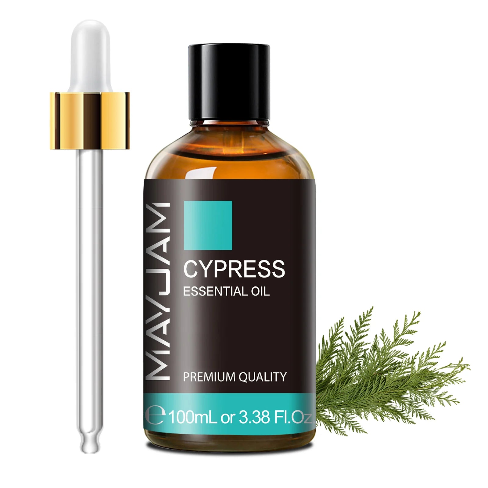 Cypress essential oil, 100ml amber bottle with dropper and black cap.