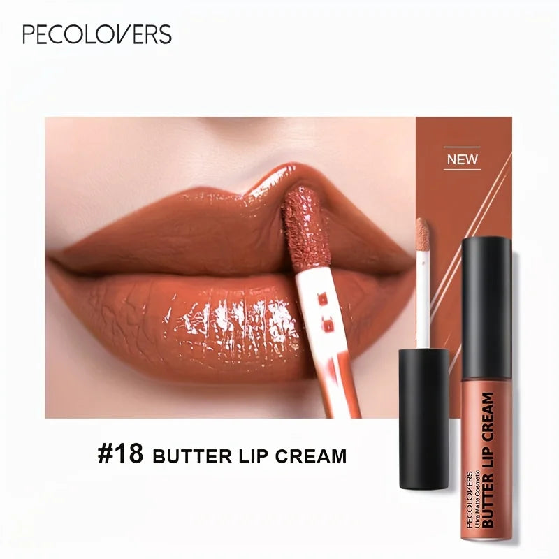 Pecolovers Butter Lip Cream #18, a high-pigment, non-sticky liquid lipstick with a glossy nude-brown finish.