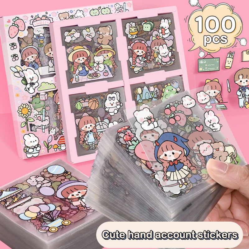 100pcs cute kawaii pet and cartoon stickers for DIY scrapbooking, journals, and aesthetic stationery decoration.