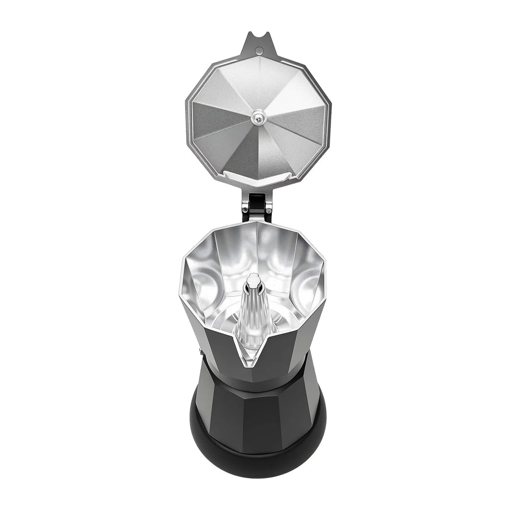 Open black and silver aluminum moka pot espresso maker viewed from above, showing octagonal base and hinged lid.