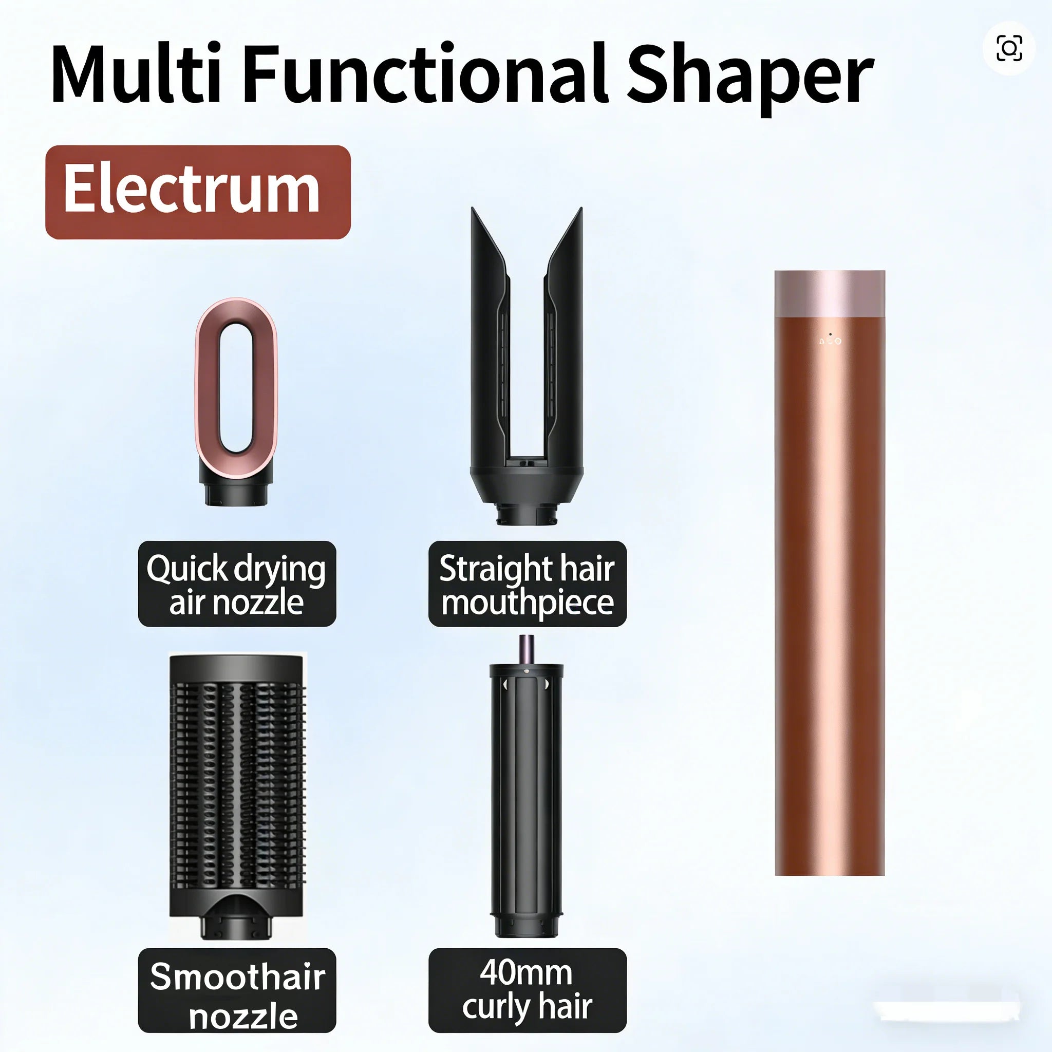 SenCiciMen 6-in-1 multi hair styler in bronze with drying, straightening, curling, and smoothing brush attachments.