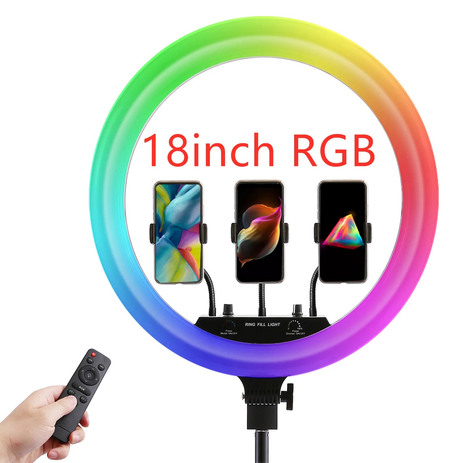 18-inch RGB ring light with three flexible phone holders and a remote, used for photography and video recording.