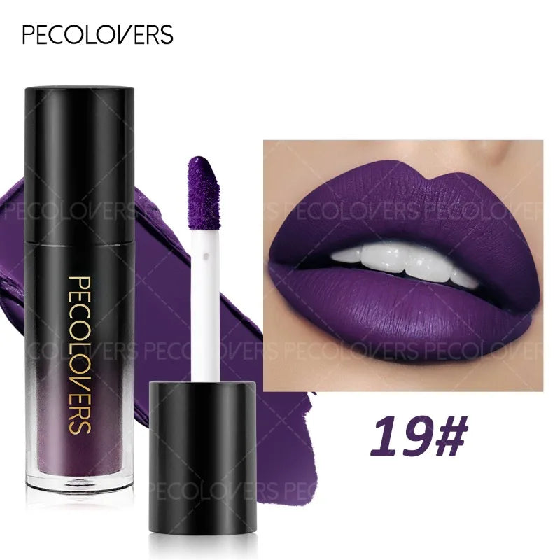Pecolovers matte purple liquid lipstick in a black tube, featuring a non-drying, waterproof formula and plump finish.