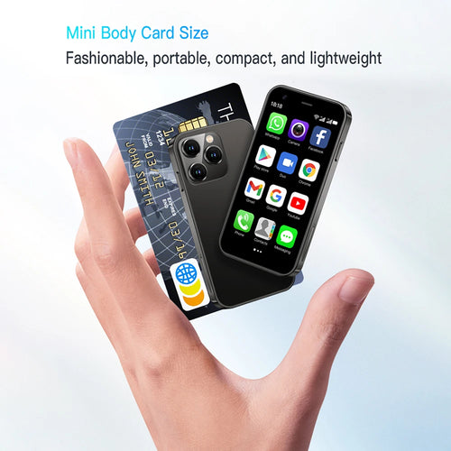 Black SOYES XS15 mini Android smartphone, card-sized, 3-inch display, front and rear views held in hand.