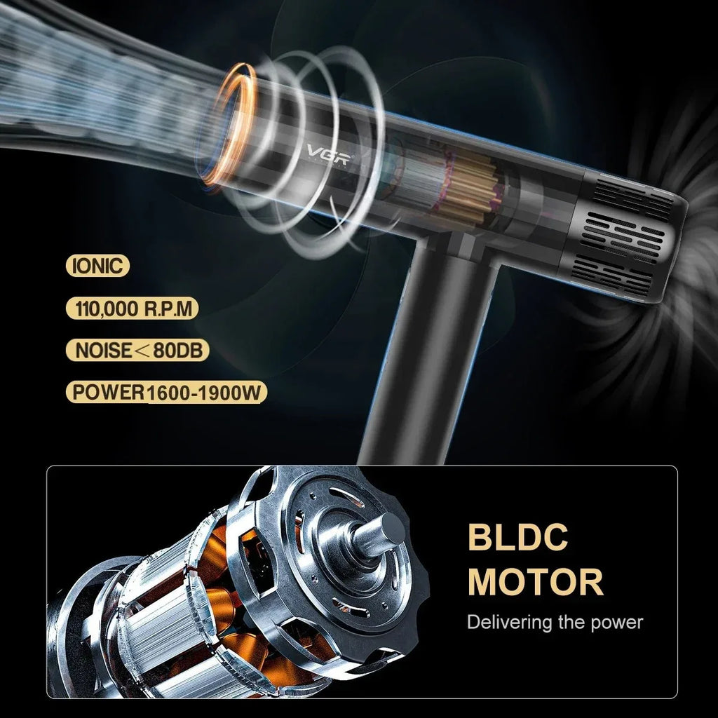 VGR leafless professional hair dryer with 110,000 RPM brushless motor, ionic technology, and powerful 1900W airflow.