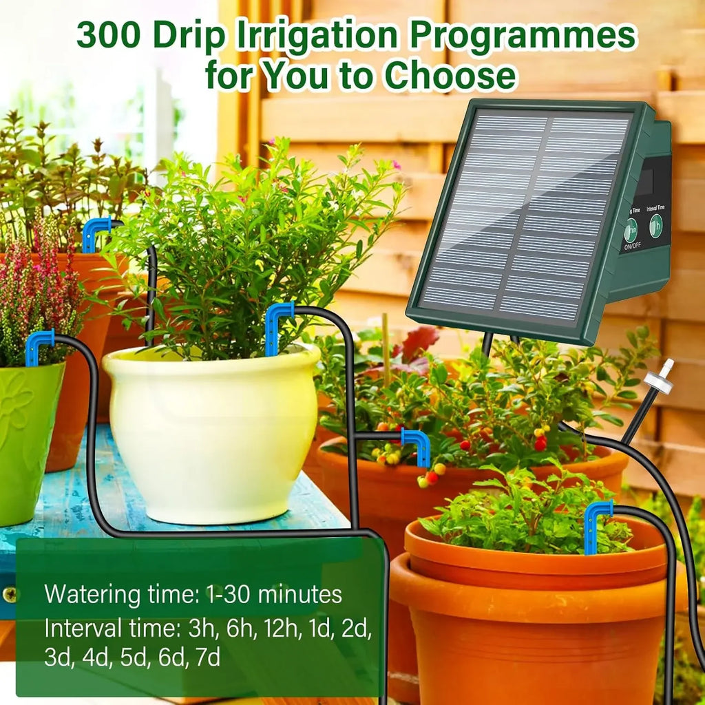Solar powered drip irrigation system with hose network and solar panel over potted plants