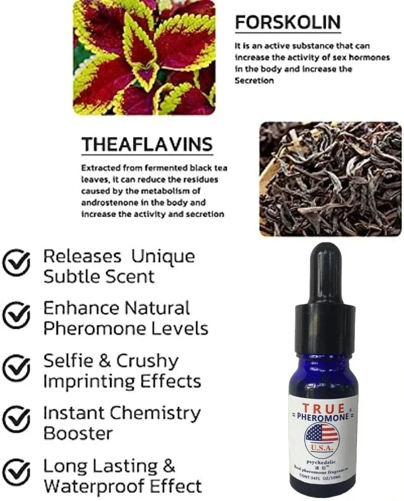 True Pheromone long-lasting fragrance oil for men in a blue glass dropper bottle. Forskolin and black tea notes.
