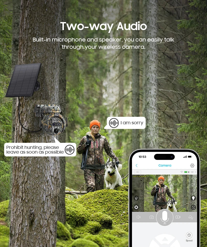 INQMEGA 8MP Solar Powered Camera 4K 4G / WIFI Solar Camera Solar Panel  Security PIR Human Detection Cam in Forest