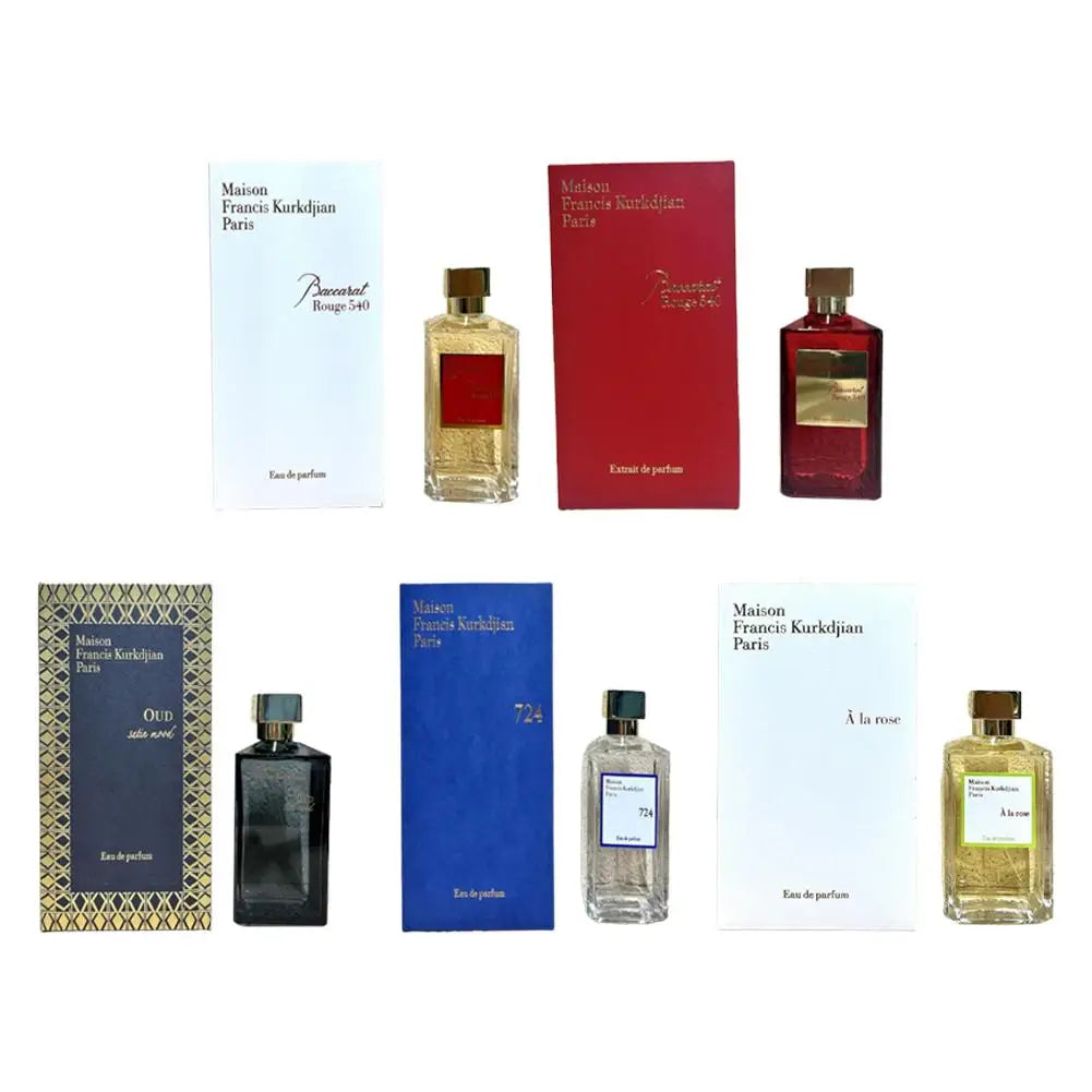 Maison Francis Kurkdjian perfume collection: Baccarat Rouge, 724, Oud, and À la rose EDP/Extrait unisex spray bottles.