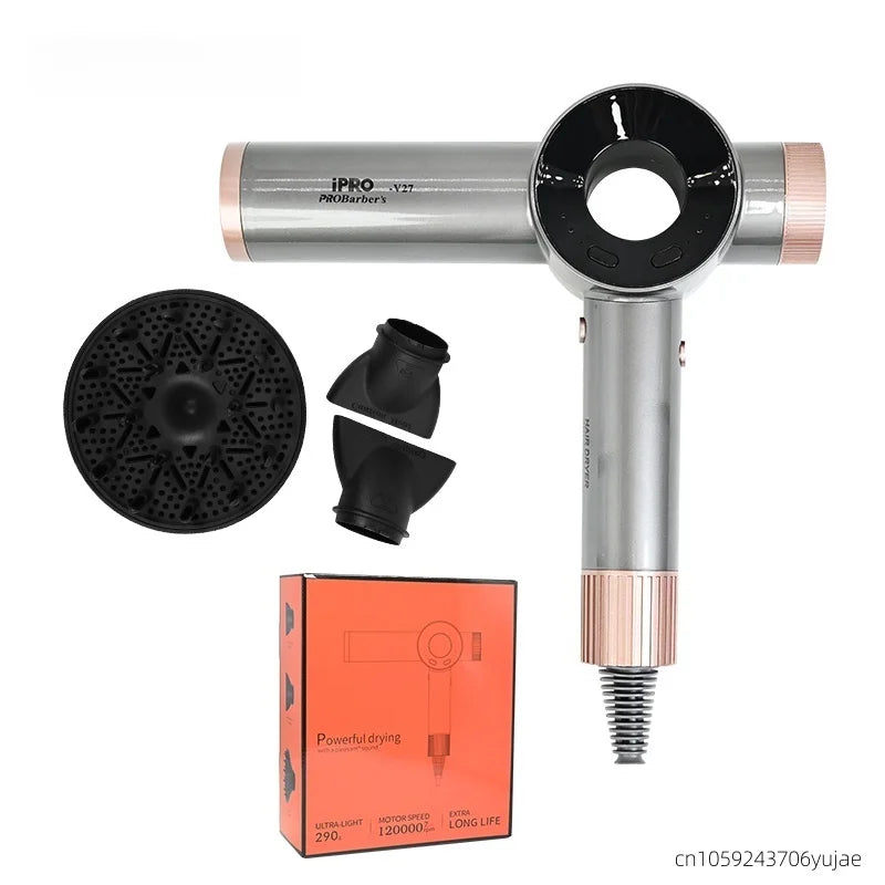 Grey 120k RPM high-speed bladeless professional hair dryer with attachments, diffuser, and matching product box.