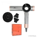 Grey 120k RPM high-speed bladeless professional hair dryer with attachments, diffuser, and matching product box.