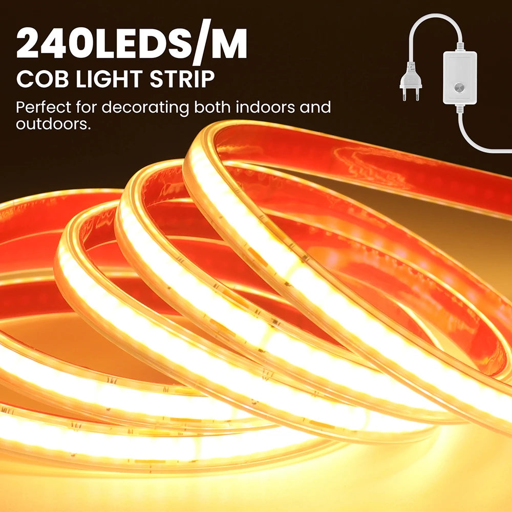 220V 10 Colors Dimmable COB LED Strip Light 240 LEDs Flexible Tape Dimmer EU Power Plug Kit TV Night Lights Home Linear Lighting