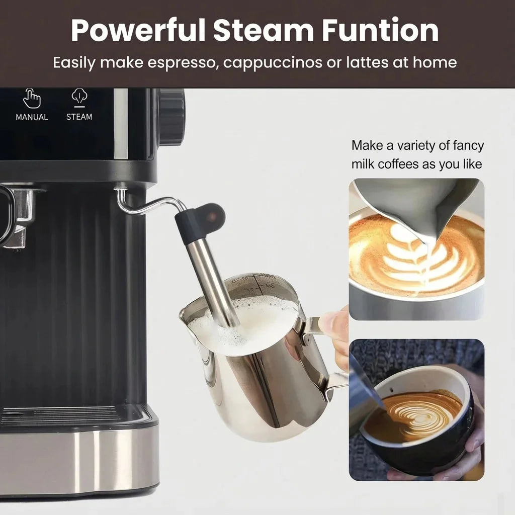 Black espresso machine with stainless steel steam wand frothing milk for lattes and cappuccinos.