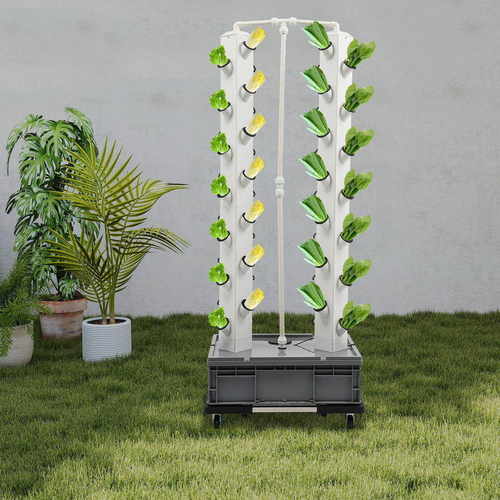 Hydroponic growing tower with yellow and green plants in white columns, black wheeled base