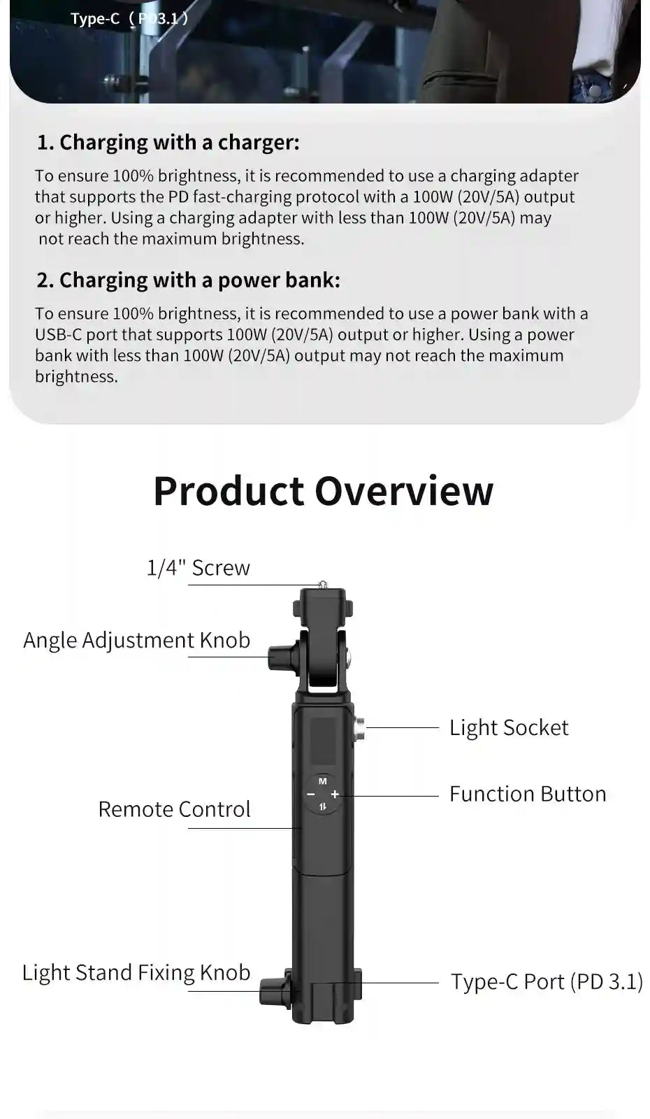 Black, rectangular LED light controller with angle adjustment, 1/4" screw mount, function buttons, and USB-C port.