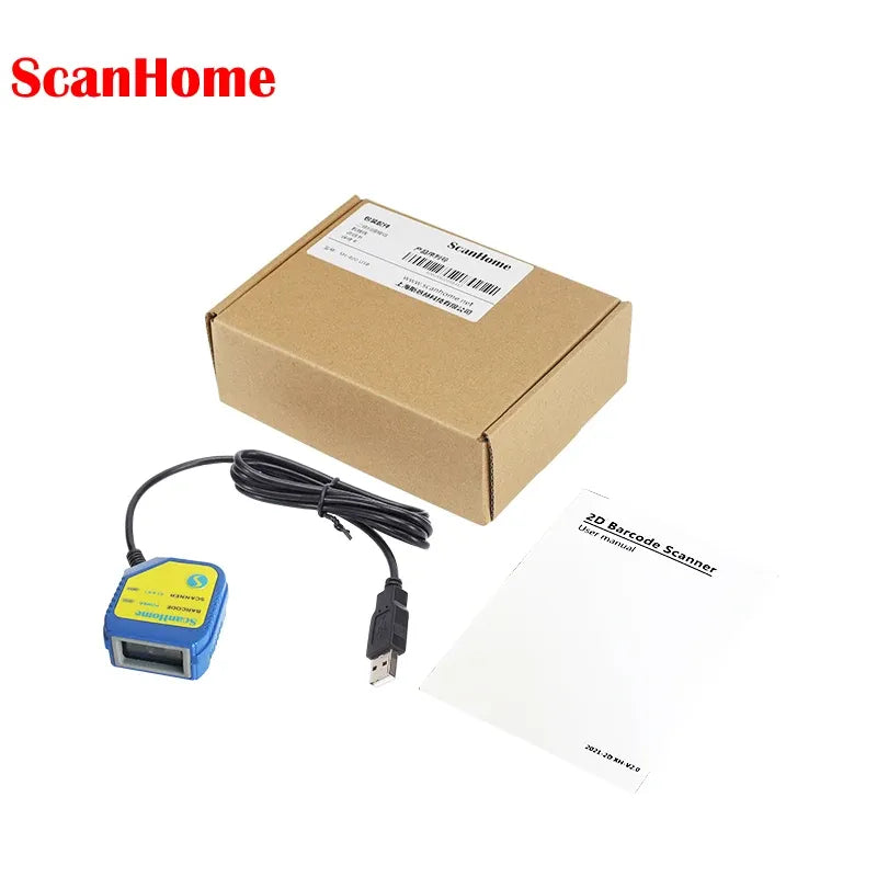 Barcode scanner set with blue scanner, USB cable, and instruction card